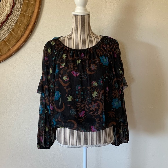 Free People Floral Long sleeve Mesh Boho Top Woman’s Small - Picture 2 of 9